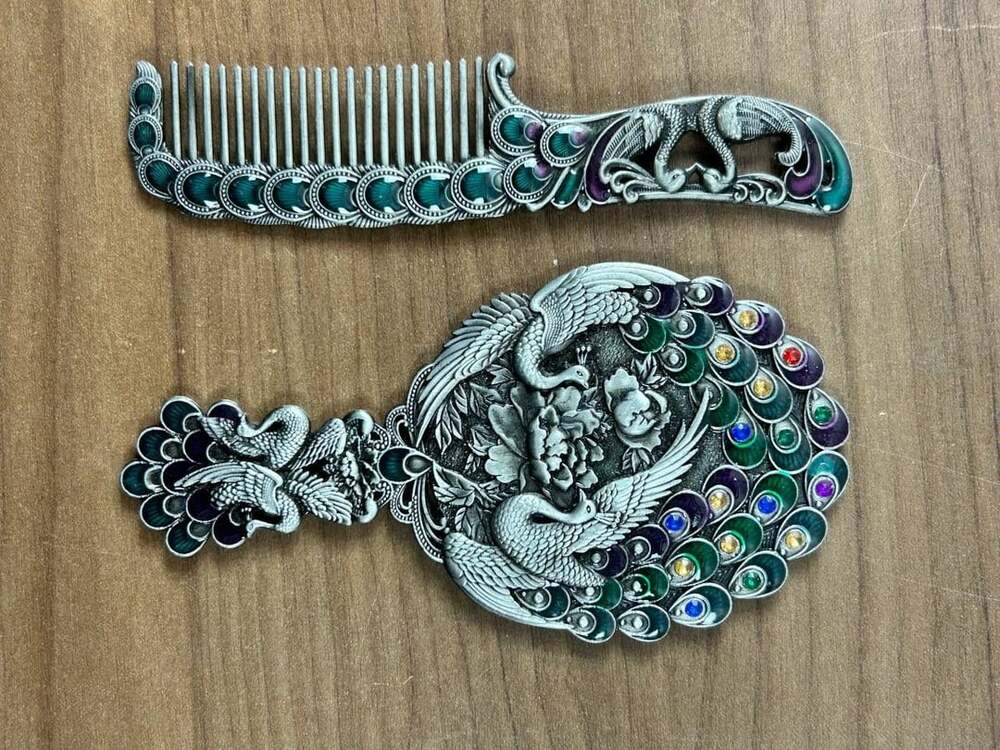 Peacock Hand Mirror & Comb Set Silver Tone Enamel Rhinestone Vanity Set With Box